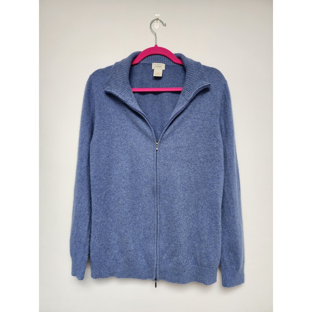 LL Bean Mens XL 100% Cashmere Full Zip Sweater Blue Heather Mock Neck